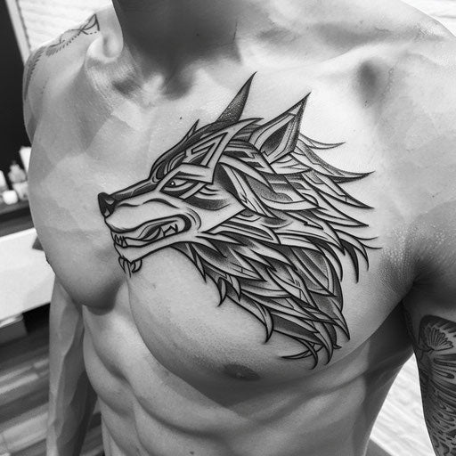 Meaningful tattoos for men featuring a tribal wolf on the chest