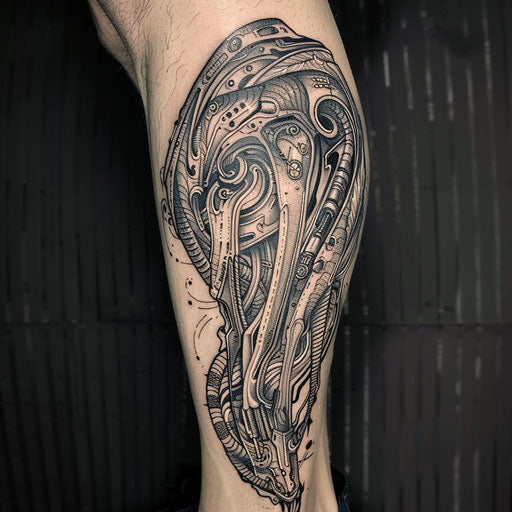 Biomechanical tattoo with mystical themes, David Palumbo style