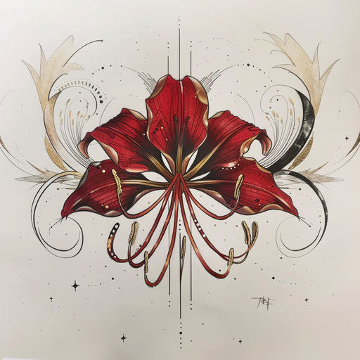Art deco inspired tattoo sketch of a red spider lily with symmetrical designs and metallic gold accents