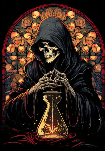 The grim reaper holding a haunted hourglass