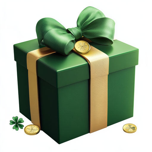 St. Patrick's Day, green gift box with ribbon and gold coins