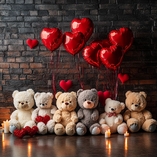 Plush toys and heart-shaped balloons on Valentine's Day
