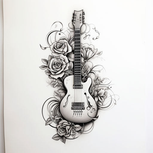 Electric guitar tattoo in light gray and silver