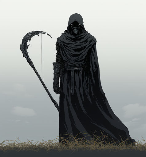 Black death person with scythe, anime style, symbolic props