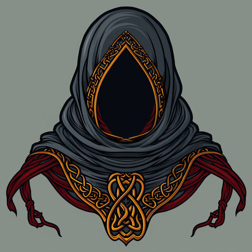 Sketch of flat tattoo of medieval hood with Celtic knot patterns