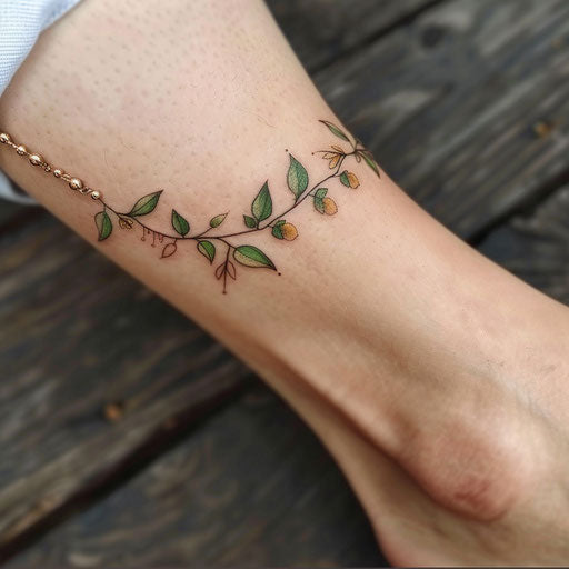 Flat tattoo sketch inspired by nature for an ankle bracelet with green leaves and earth tones