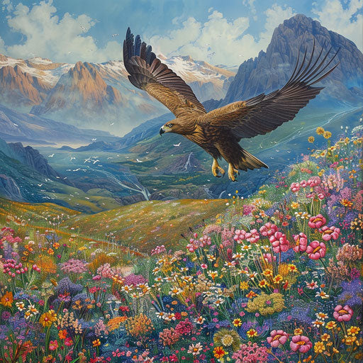 Eagle soaring on thermals above a blooming wildflower meadow, towering mountains in the distance.