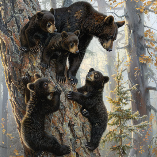 Bear cubs learning to climb with mother
