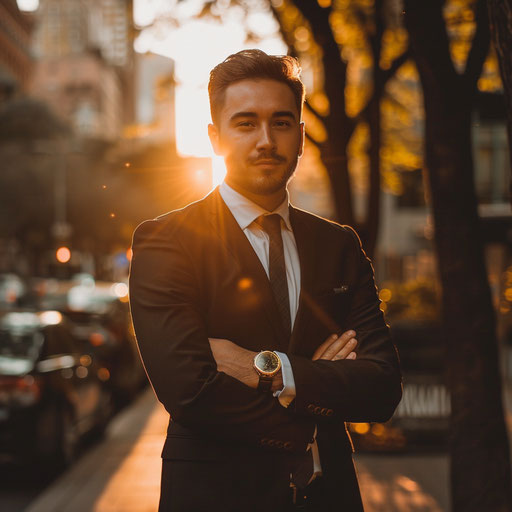 Businessman portrait in golden hour light after successful day