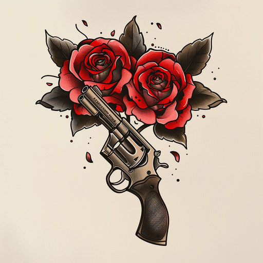 Traditional tattoo of crossed pistols and roses