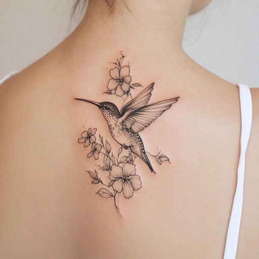 Flat tattoo sketch of beautiful back shoulder design with hummingbird