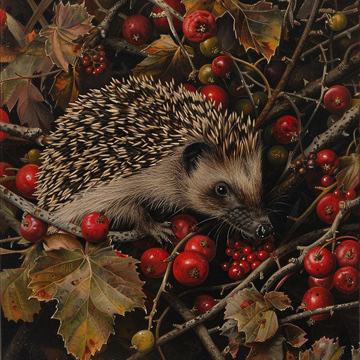 A hedgehog foraging for berries, the fruits of its labor visible against its prickly backdrop.