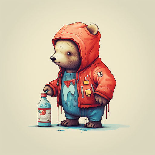 Brown bear with milk bottle, red and azure style