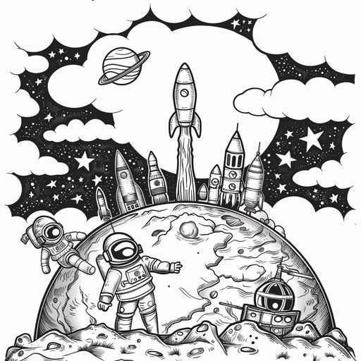 Space-themed Earth with rockets and astronauts
