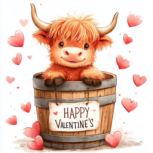 Young Highland cow in wooden barrel, hearts around, happy Valentine's