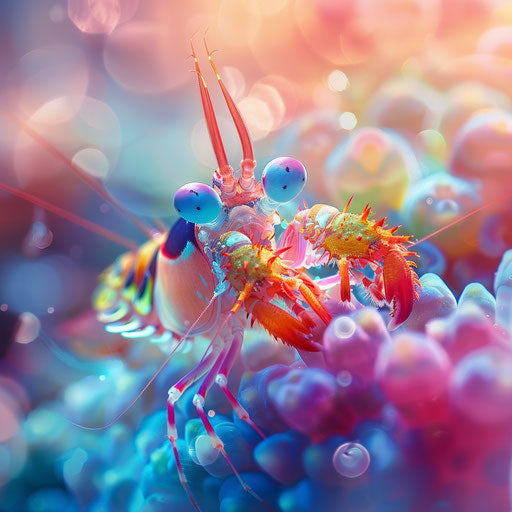 Mantis shrimp with young under soft light, heartwarming moment