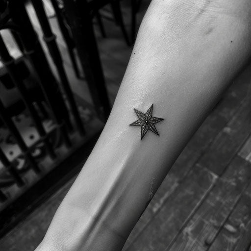 Small wrist tattoos of a star, in the style of Steve McNiven