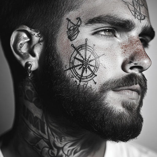 Facial tattoos for men with a vintage ship's wheel