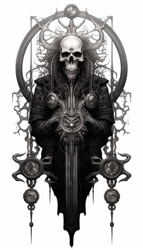 Black symbol with soldier: lovecraftian style, detailed linework