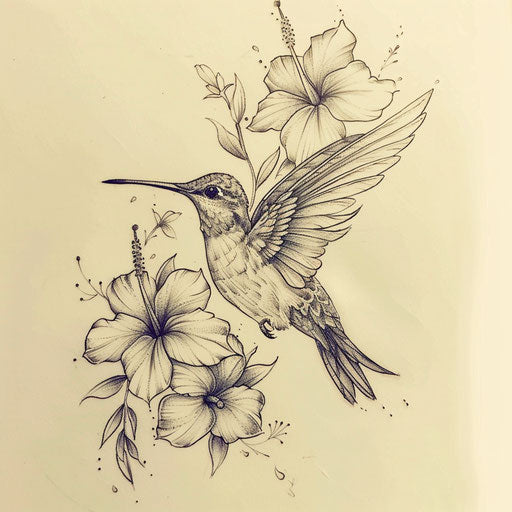 Tattoo design of a peaceful hummingbird with hibiscus flowers for a women's wrist coverup tattoo