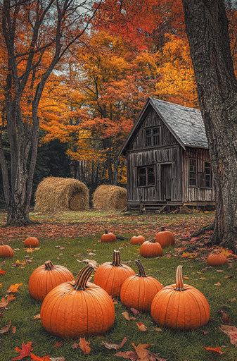 Autumnal countryside landscape with pumpkins near old wooden cottage