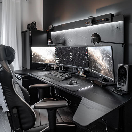 Sleek all-black home office setup with backlit LED monitors, a mechanical keyboard, and a streamlined desk organizer