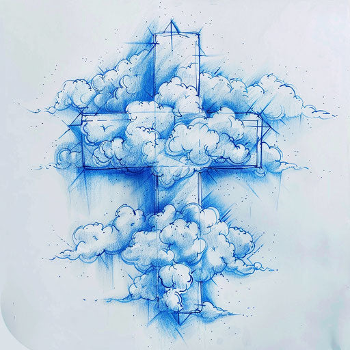 Dreamy sketch of a cross stitch tattoo with soft cloud-like textures and sky blue tones