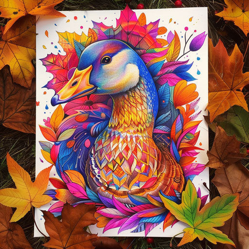 Colorful goose tattoo with autumn leaves background