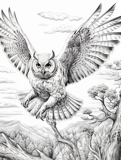 Free coloring pages for adults, drawing of owl in flight