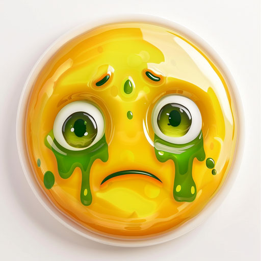 Round yellow face crying green tear on white background