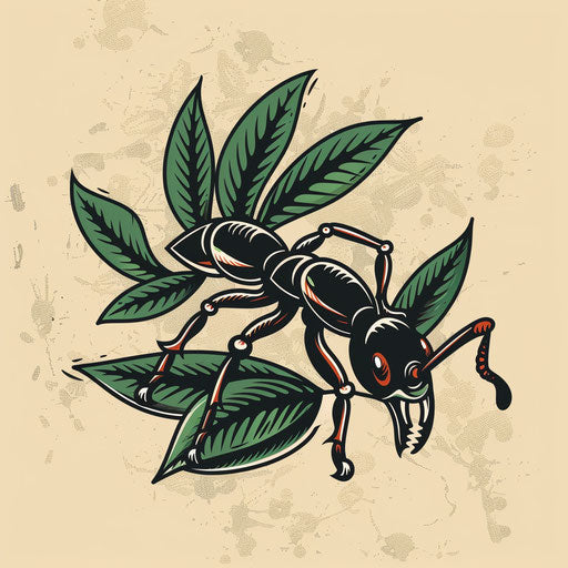 A beautiful clipart style flat tattoo sketch of an ant carrying a leaf