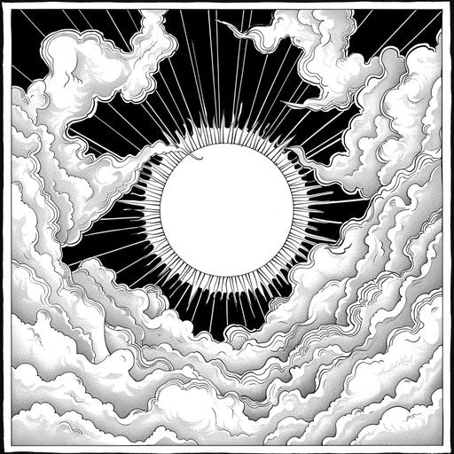 Sun surrounded by clouds. Detailed coloring page