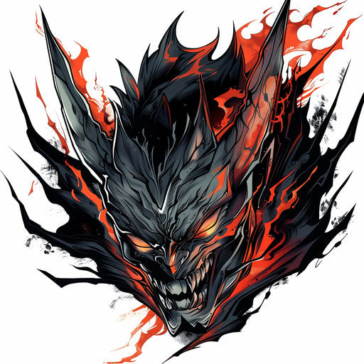 Enraged anime demon with fiery eyes on white background