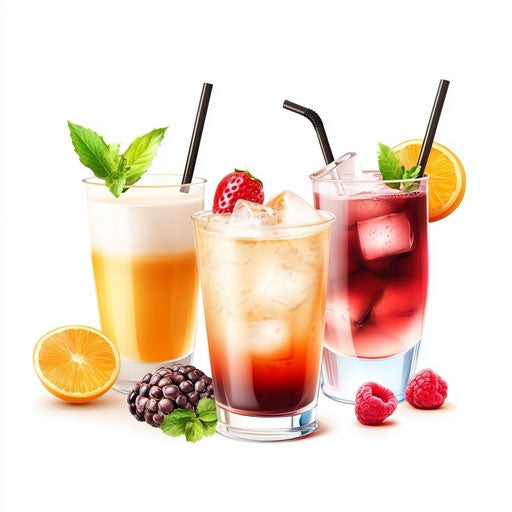 3D drinks in photorealistic style on flat white background, isolated clipart