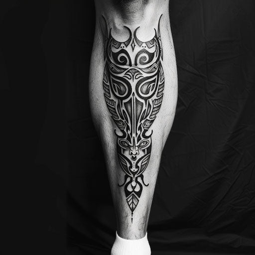 Tribal leg tattoo in the style of Adrian Smith