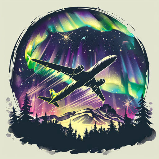 Mystical sketch of a plane flying under the northern lights