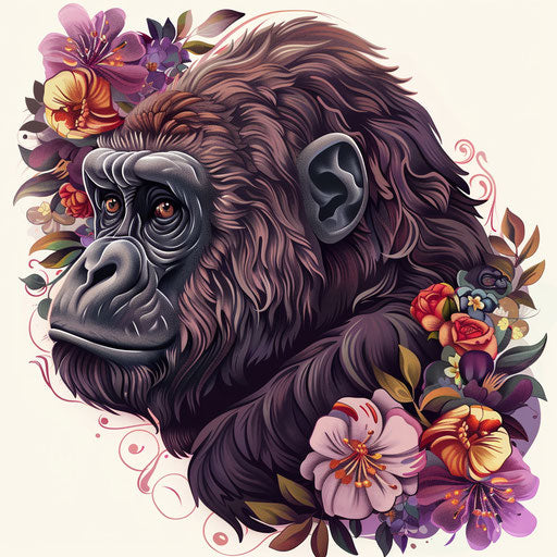 Art nouveau inspired gorilla tattoo with elegant floral motifs