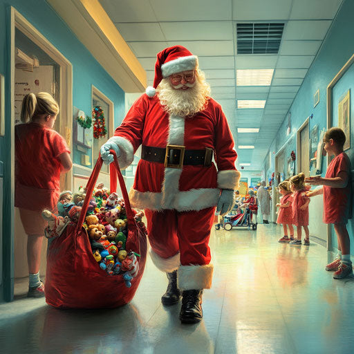 Santa Claus visits hospital with bag of toys and games, bringing smiles to children's faces.