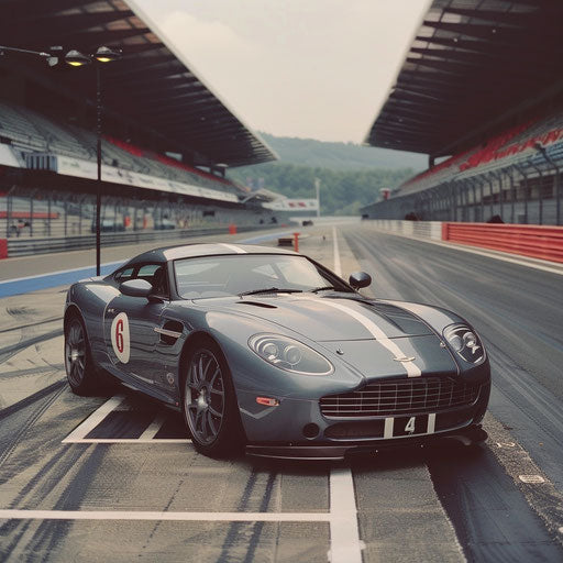 Racing-striped Aston Martin DB7 Zagato on the starting grid of a prestigious race track