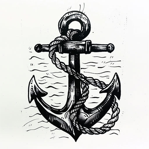 Classic navy anchor tattoo with black rope on white background