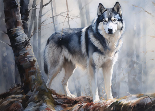 Canine in front of trees, light indigo and black