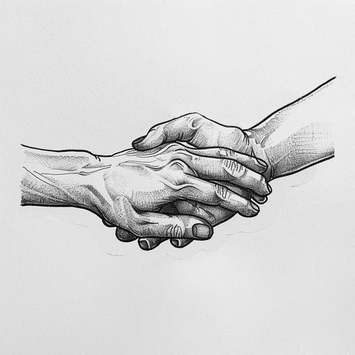 Sketch of clasped hands tattoo, symbolizing friendship and remembrance
