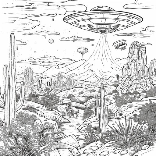 Alien exploration of desert with UFO landing