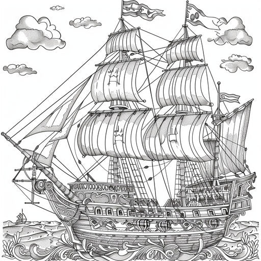 Warship with flags and cannons