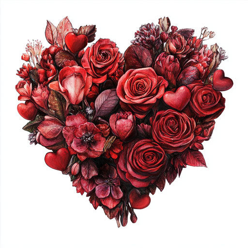 Heart-shaped arrangement of red roses and hearts