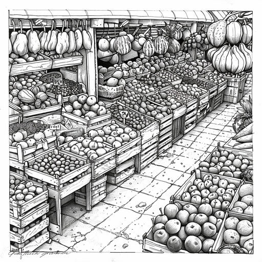Detailed fruit market scene in the style of a coloring book