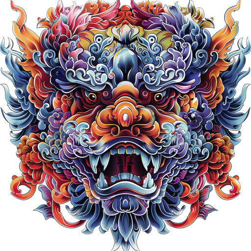 Intricately detailed foo dog tattoo with vibrant colors