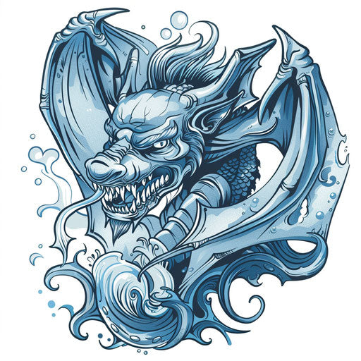 Flat tattoo sketch of gargoyle with oceanic blue colors