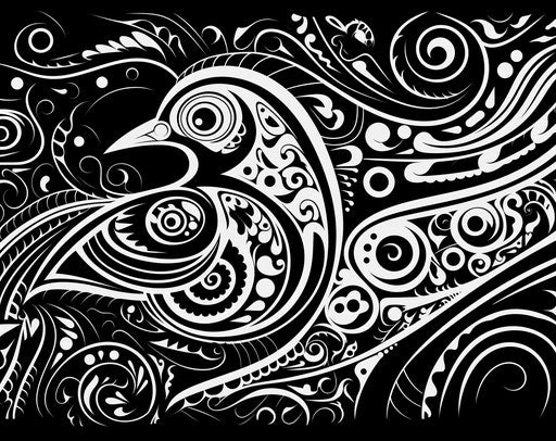 Black and white tribal bird pattern, in the style of sumatraism