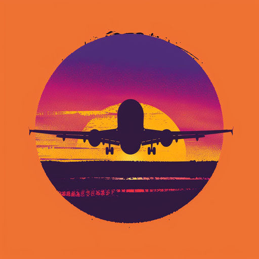 Airplane silhouette at sunset, flat clipart design